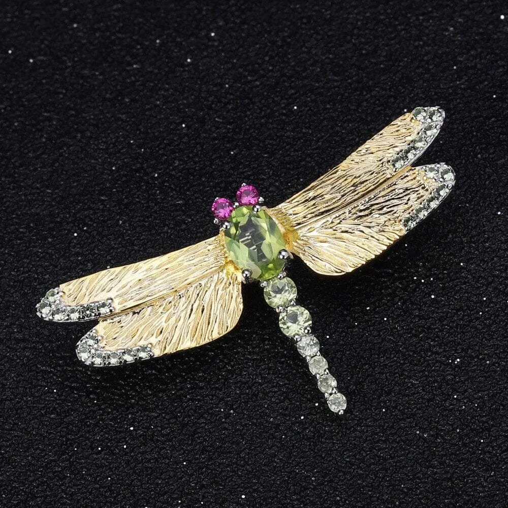 1.13Ct Peridot Gemstone 925 Sterling Silver Dragonfly Brooch