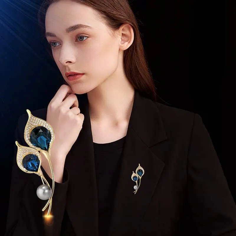 14K Gold High-End Natural Pearl Horseshoe Water Lily (Lotus) Floral Brooch, Outerwear Accessory, Dazzling Crystal Flower Pin, Women's Brooches & Pins