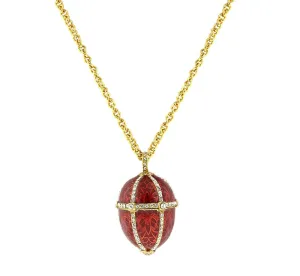 1928 Jewelry Trellis Red Enamel Rhinestone Egg Locket Necklace 30"