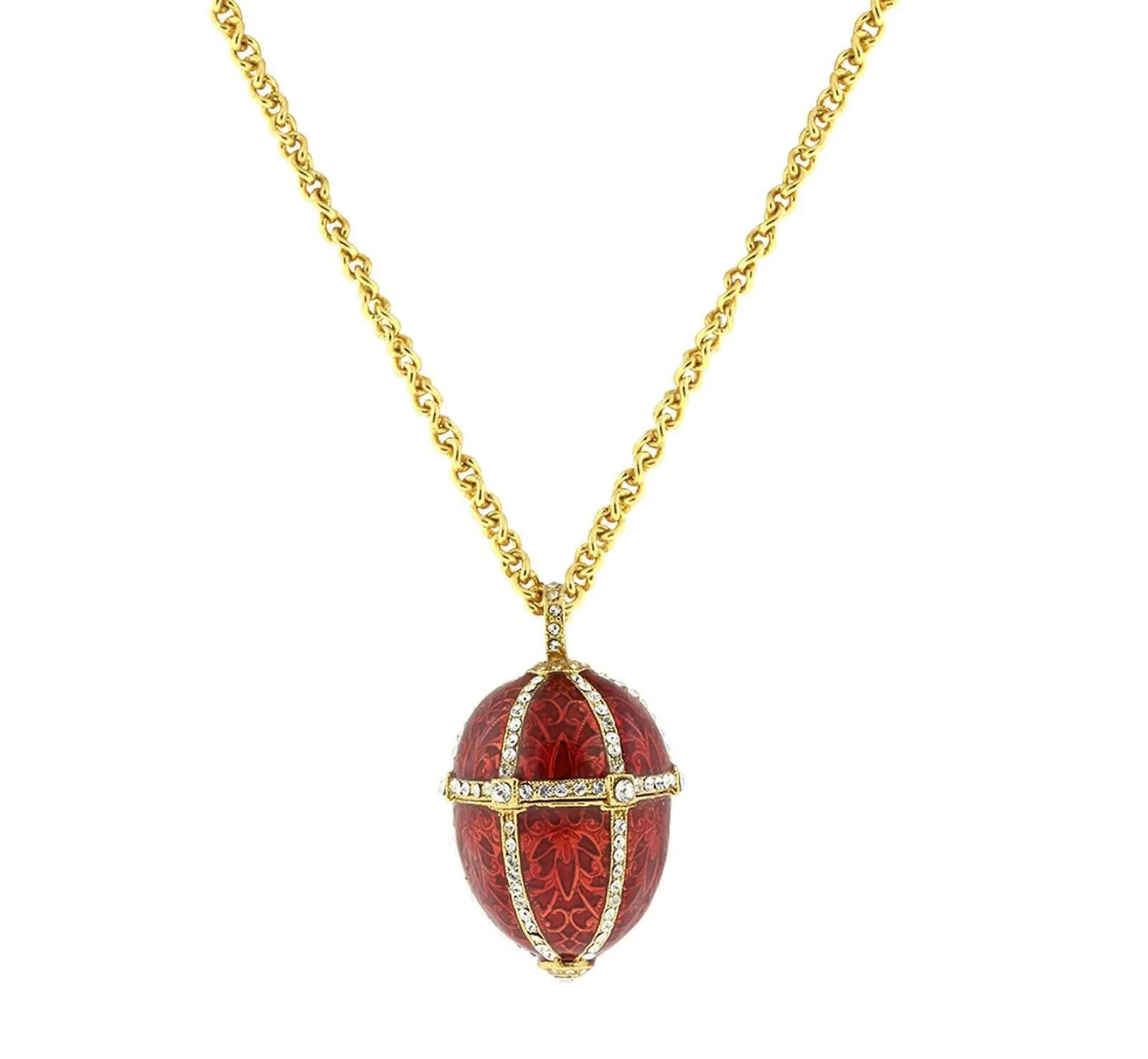 1928 Jewelry Trellis Red Enamel Rhinestone Egg Locket Necklace 30"