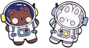 2PCS Astronaut Bear Brooch Cartoon Rabbit Brooches Lapel Couple Badge Enamel Pins Jewelry Gift Bag Ornament