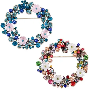 2Pcs Fashion Wreath Brooch Pin Sparkling Crystal Brooches for Women Flower Rhinestone Brooch for Weddings Balls Valentine's Day Accessories