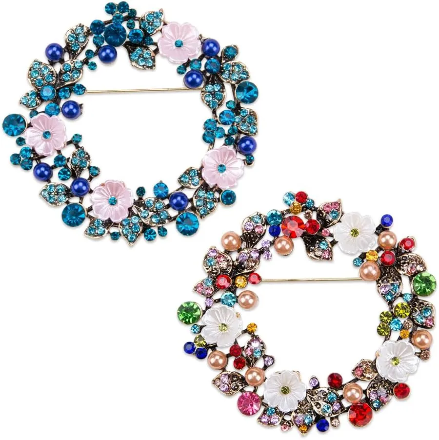 2Pcs Fashion Wreath Brooch Pin Sparkling Crystal Brooches for Women Flower Rhinestone Brooch for Weddings Balls Valentine's Day Accessories