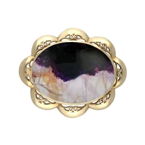 9ct Yellow Gold Blue John Oval Scalloped Edge Brooch