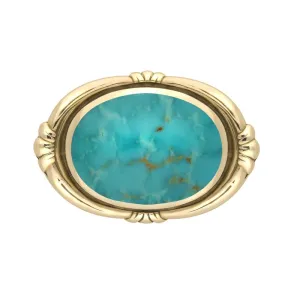 9ct Yellow Gold Turquoise Oval Fleur Brooch