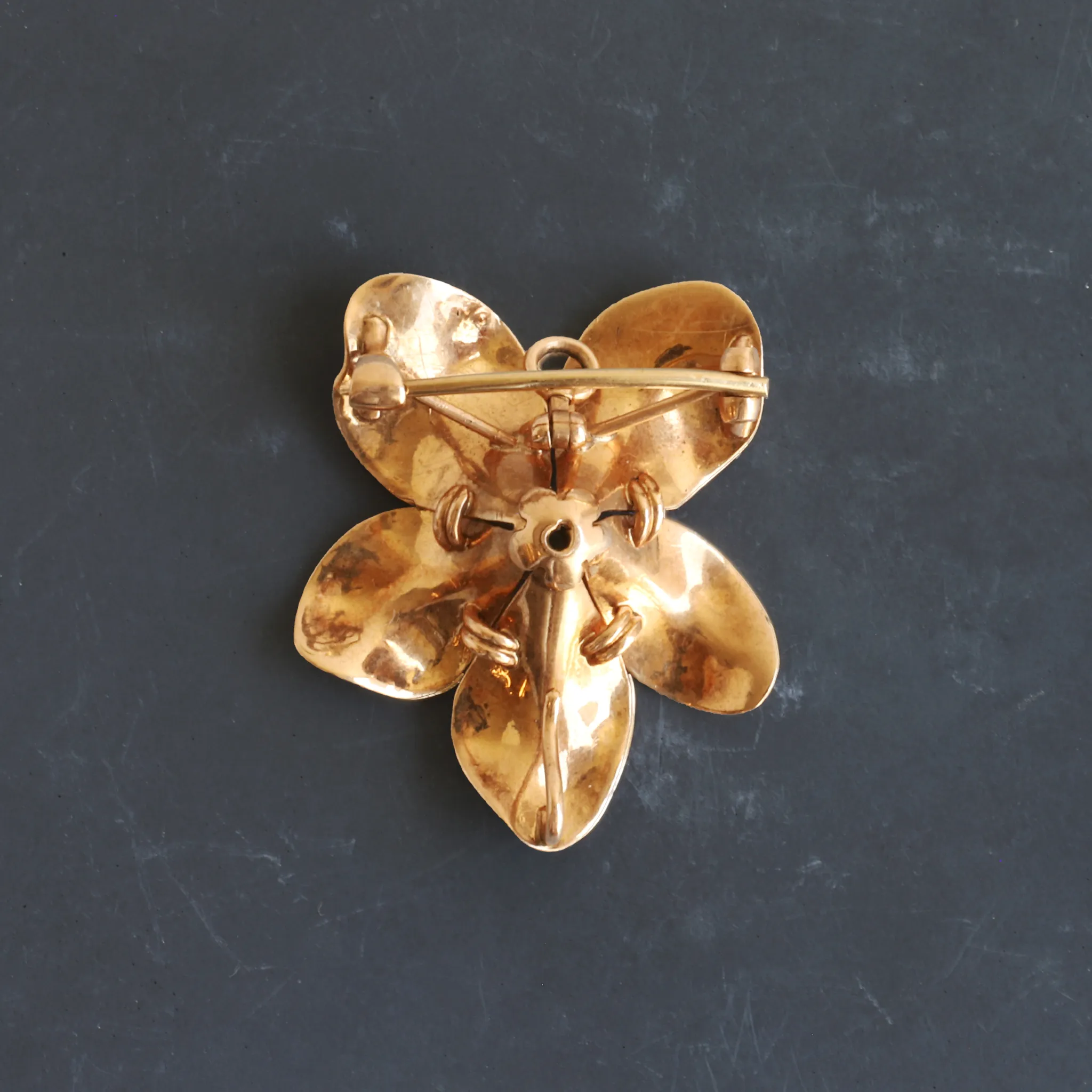 Antique Enamel Flower Brooch with Split-Pearl and Diamond