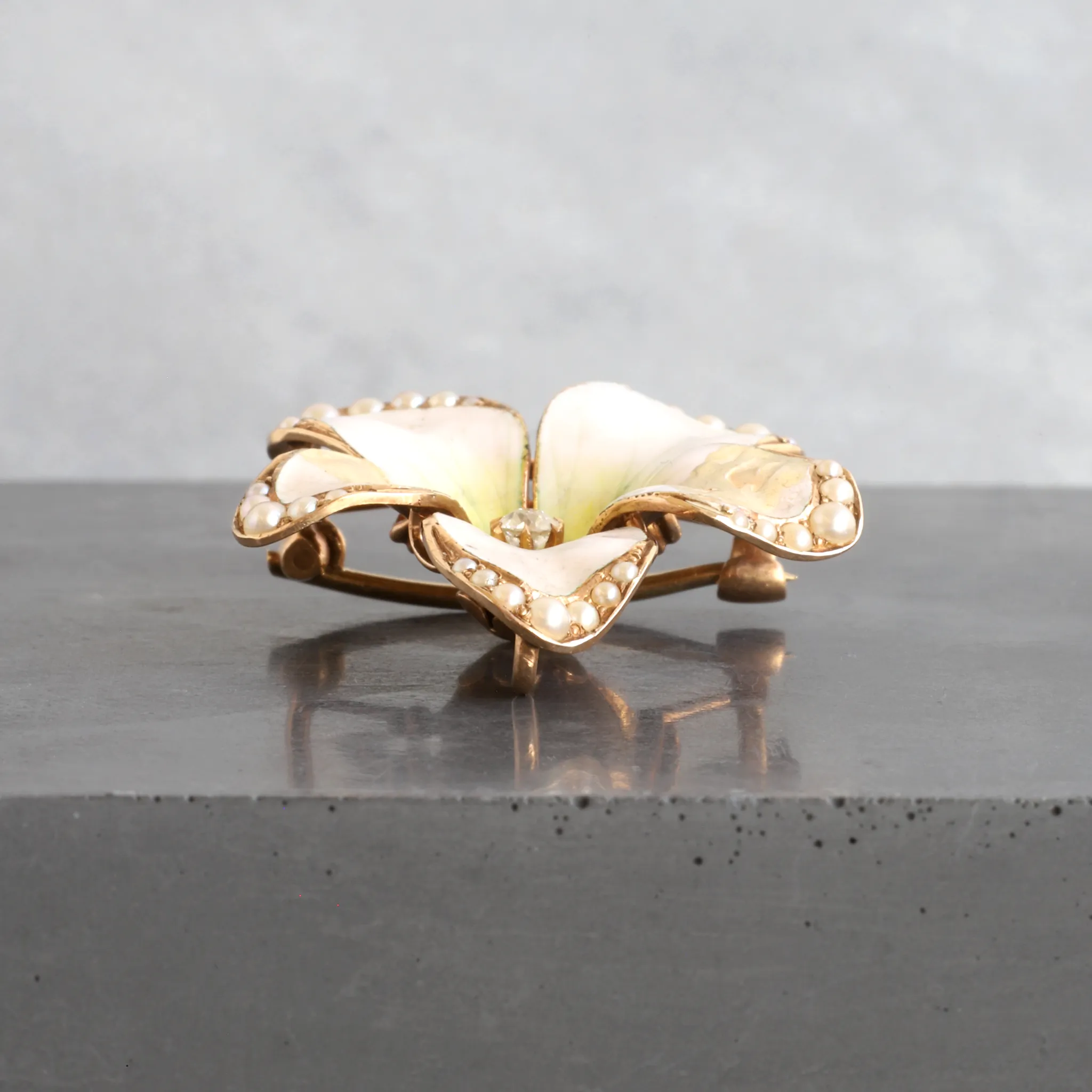 Antique Enamel Flower Brooch with Split-Pearl and Diamond