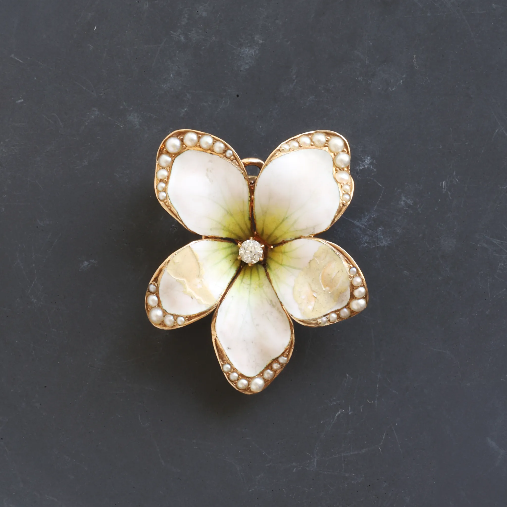 Antique Enamel Flower Brooch with Split-Pearl and Diamond