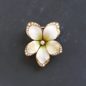 Antique Enamel Flower Brooch with Split-Pearl and Diamond