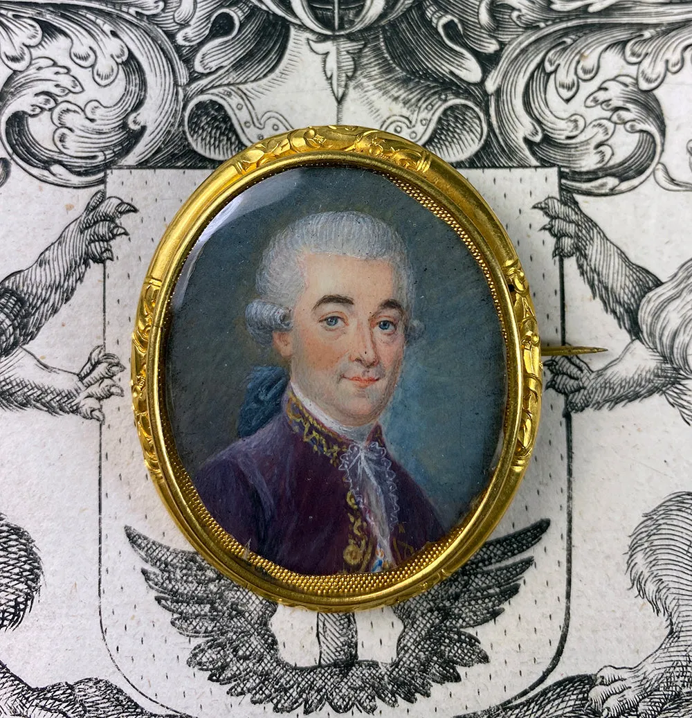 antique French Portrait Miniature, c.1770s Gentleman, 14k Brooch Mount