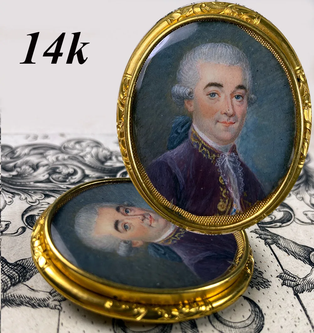 antique French Portrait Miniature, c.1770s Gentleman, 14k Brooch Mount