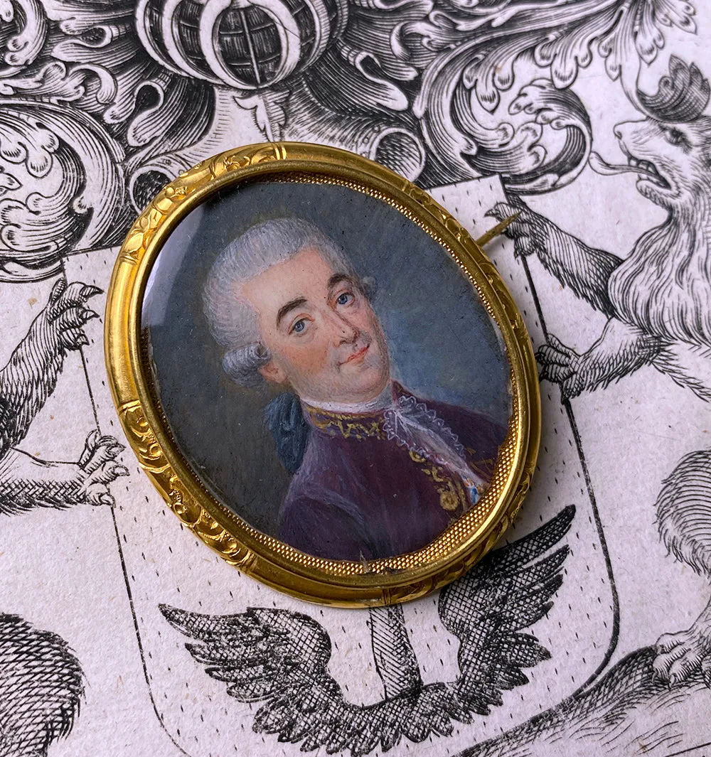antique French Portrait Miniature, c.1770s Gentleman, 14k Brooch Mount