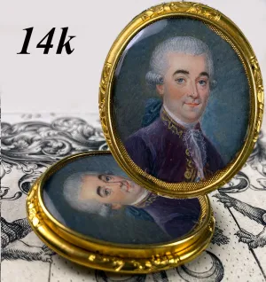 antique French Portrait Miniature, c.1770s Gentleman, 14k Brooch Mount