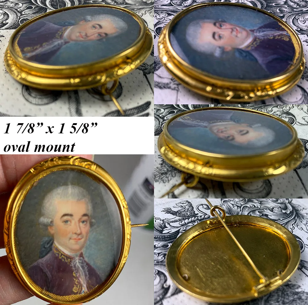 antique French Portrait Miniature, c.1770s Gentleman, 14k Brooch Mount