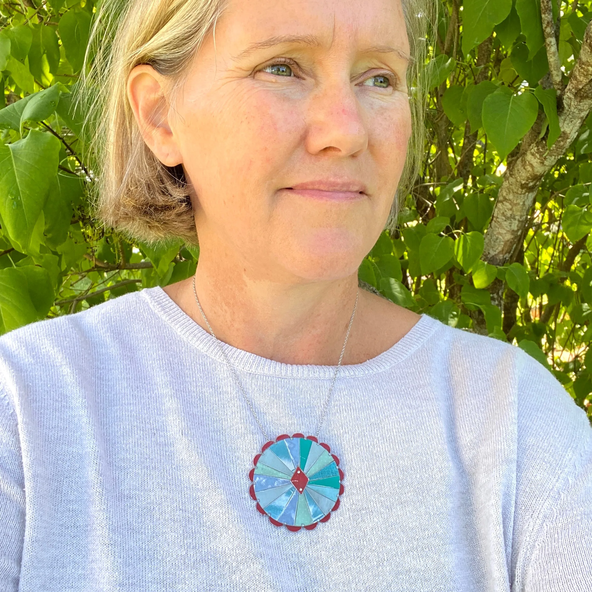 Aqua & Scarlet Rave Mandala Tin Necklace or Brooch