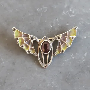 Art Nouveau Garnet, Enamel & Silver Bat Brooch