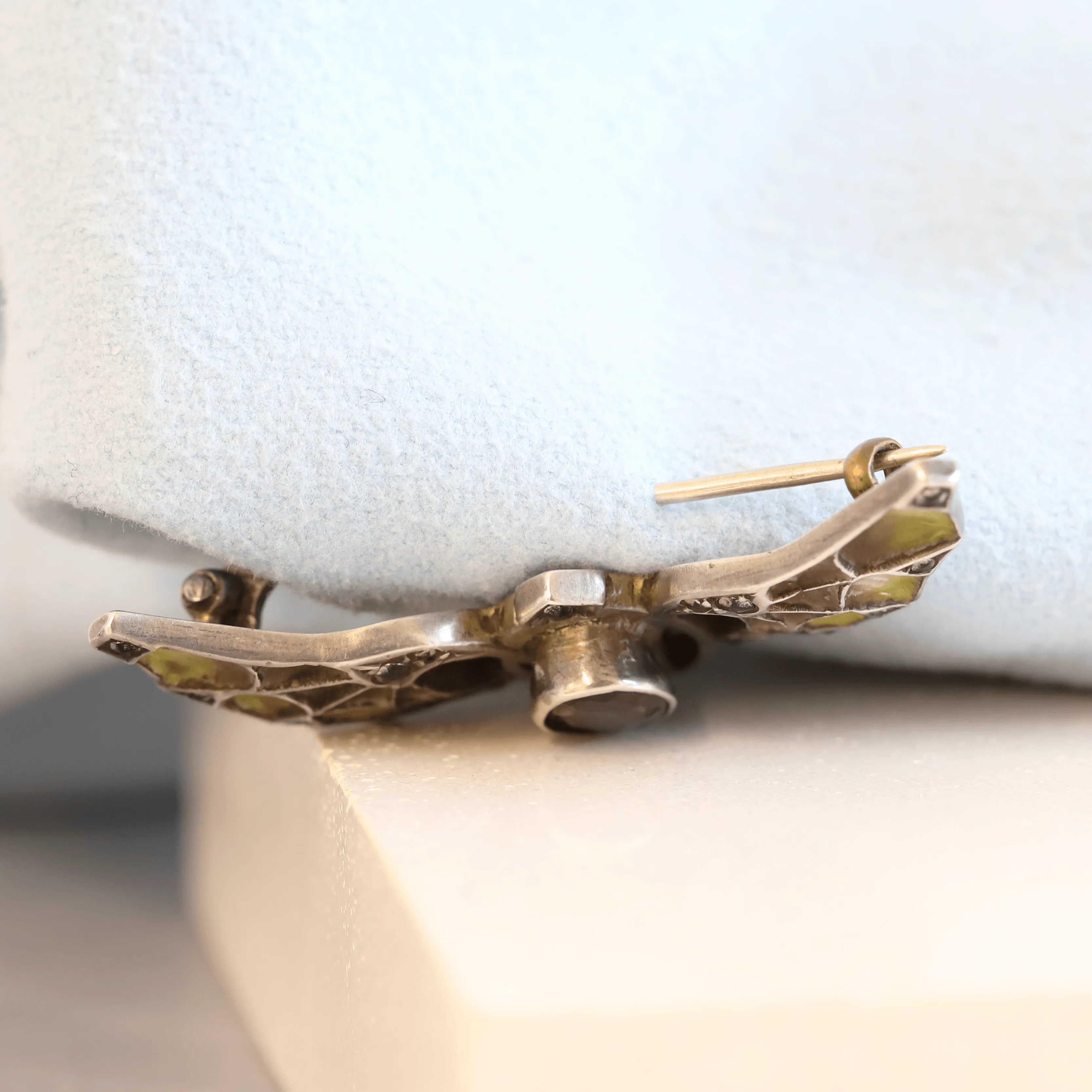 Art Nouveau Garnet, Enamel & Silver Bat Brooch