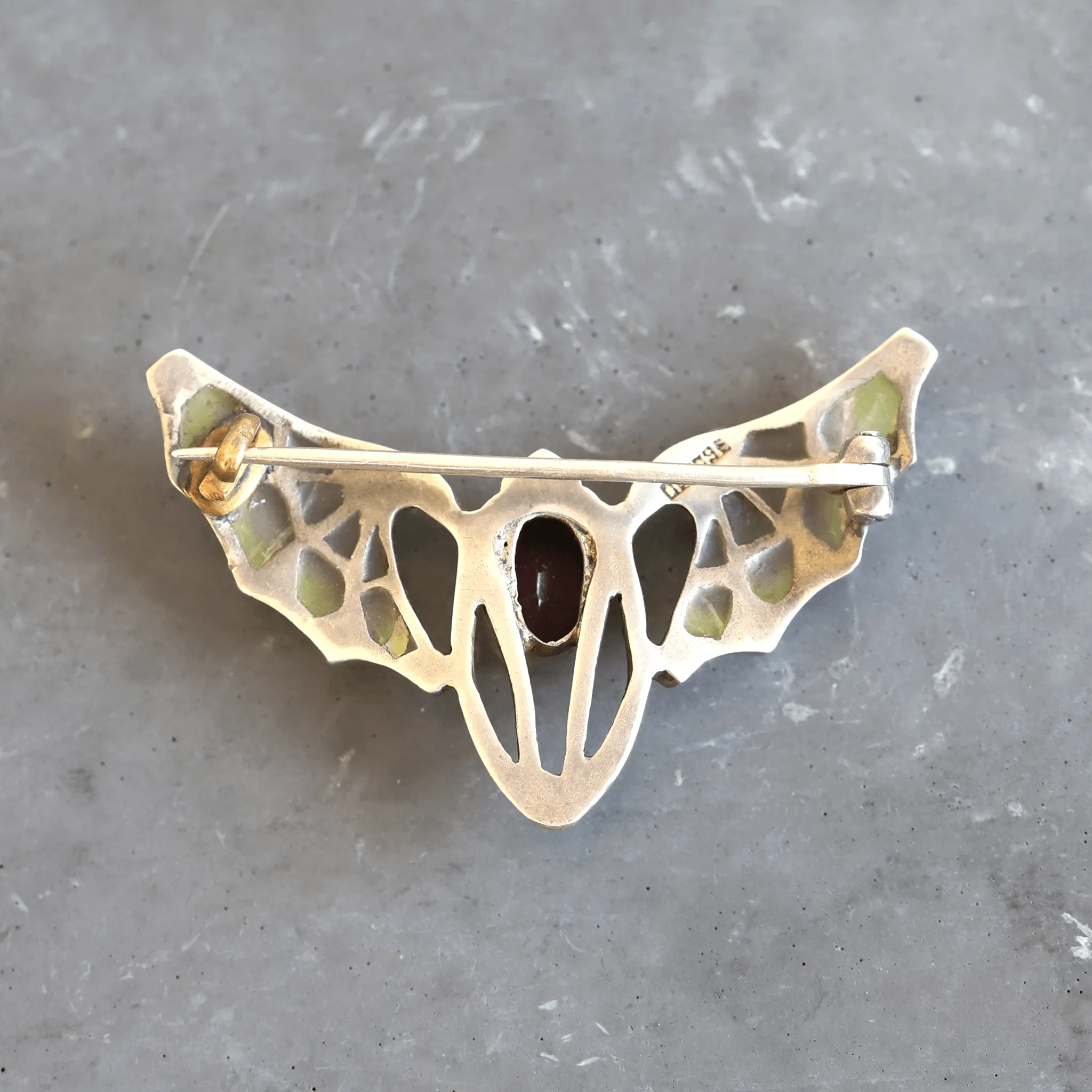 Art Nouveau Garnet, Enamel & Silver Bat Brooch