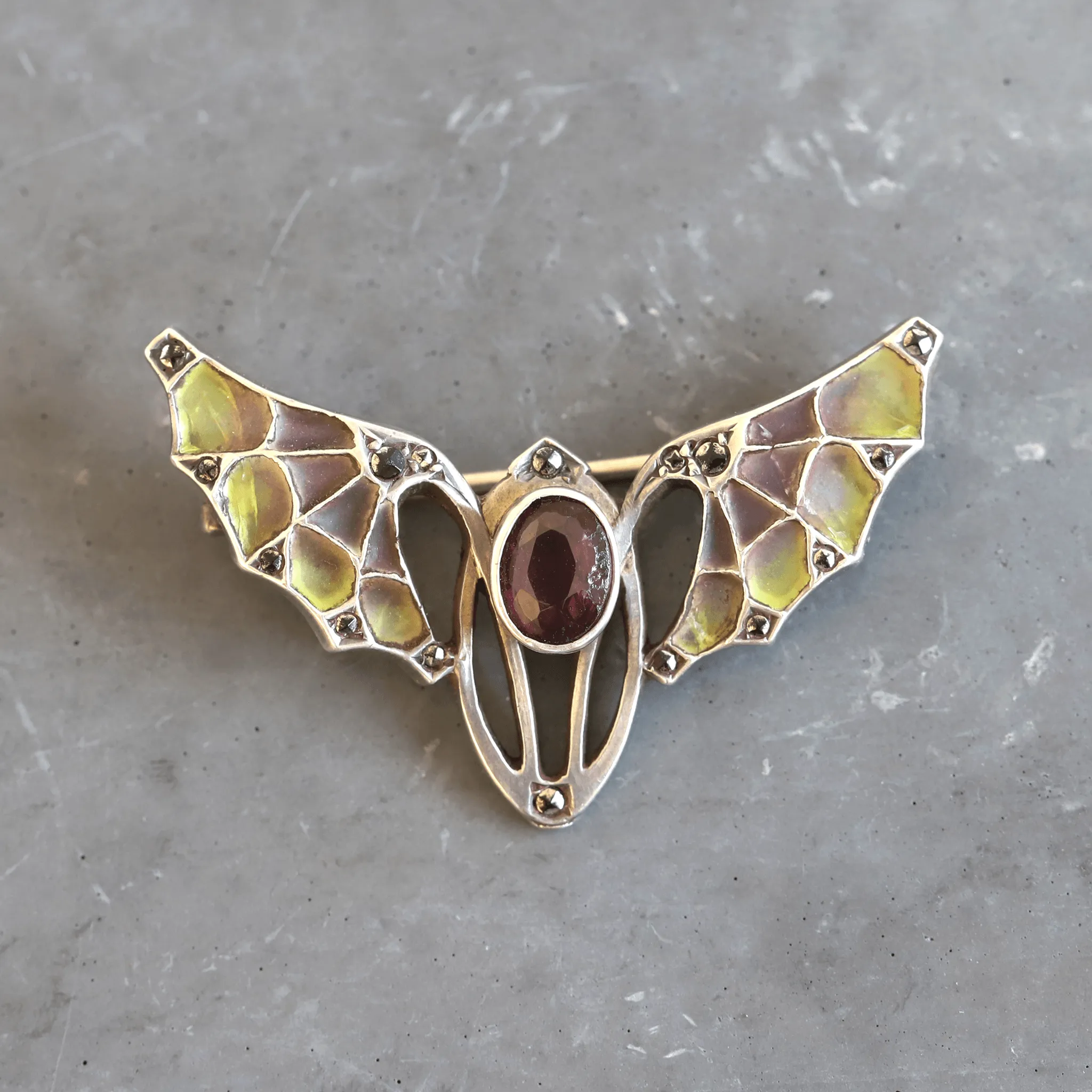 Art Nouveau Garnet, Enamel & Silver Bat Brooch