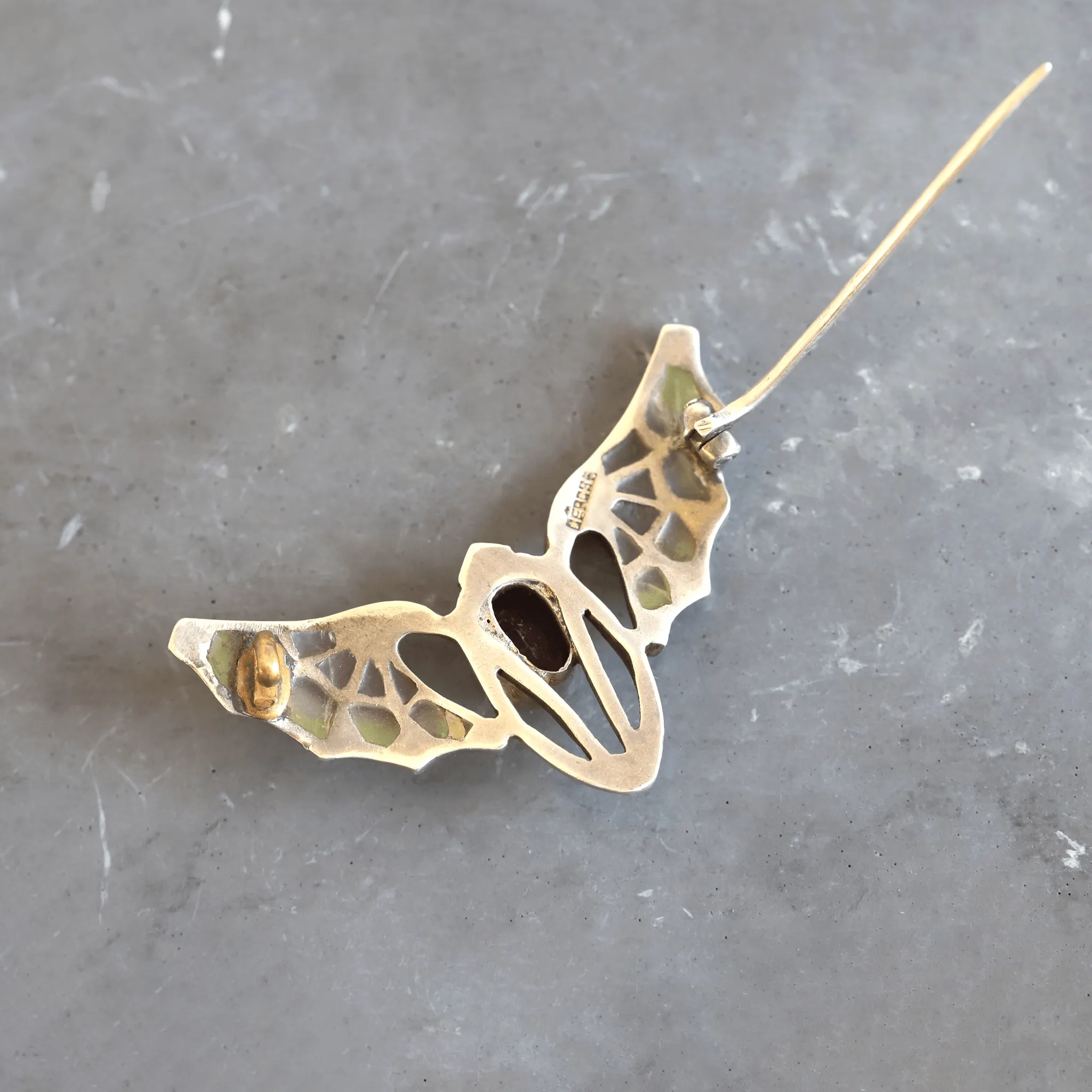 Art Nouveau Garnet, Enamel & Silver Bat Brooch