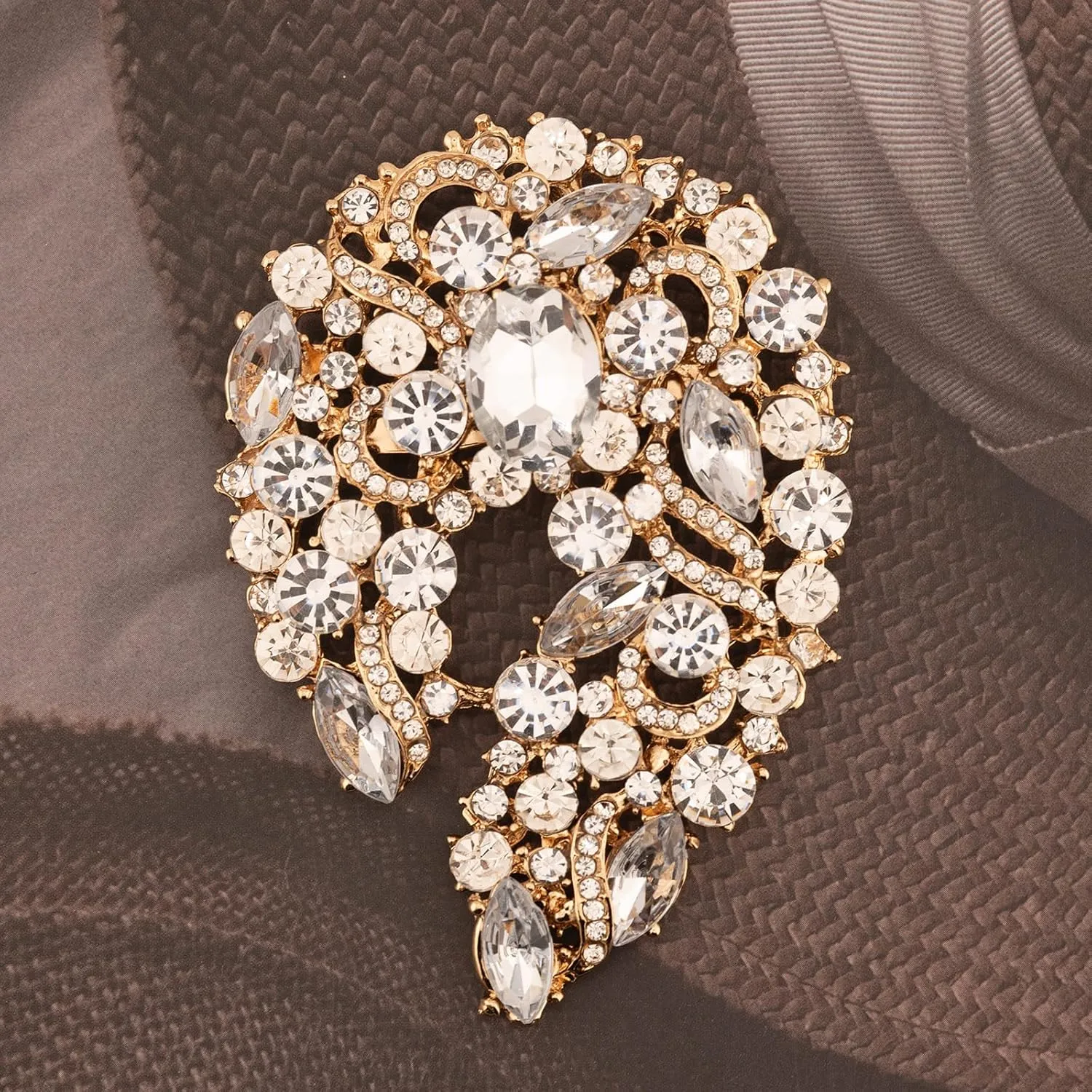 Big Large Rhinestone Green Palm Leaf Statement 3.5" Brooch Pin Scarf Dress accessories Broach Gold Tone