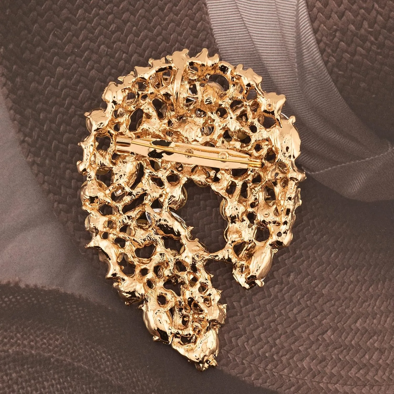 Big Large Rhinestone Green Palm Leaf Statement 3.5" Brooch Pin Scarf Dress accessories Broach Gold Tone