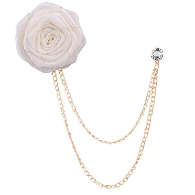 Bridegroom Wedding Brooches Cloth Art Hand-made Rose Flower Brooch Lapel Pin Badge Tassel Chain