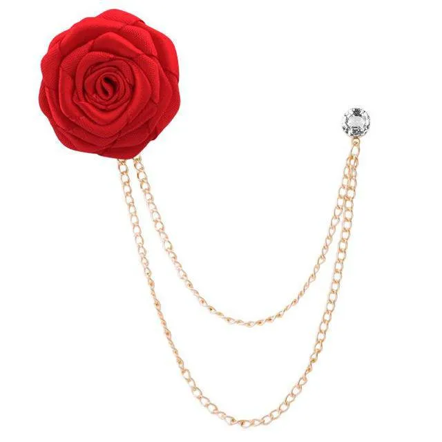 Bridegroom Wedding Brooches Cloth Art Hand-made Rose Flower Brooch Lapel Pin Badge Tassel Chain