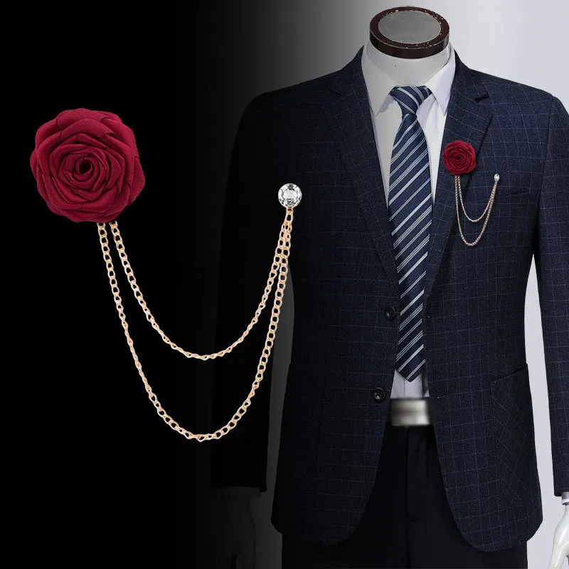 Bridegroom Wedding Brooches Cloth Art Hand-made Rose Flower Brooch Lapel Pin Badge Tassel Chain