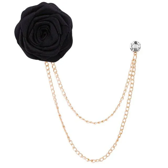 Bridegroom Wedding Brooches Cloth Art Hand-made Rose Flower Brooch Lapel Pin Badge Tassel Chain