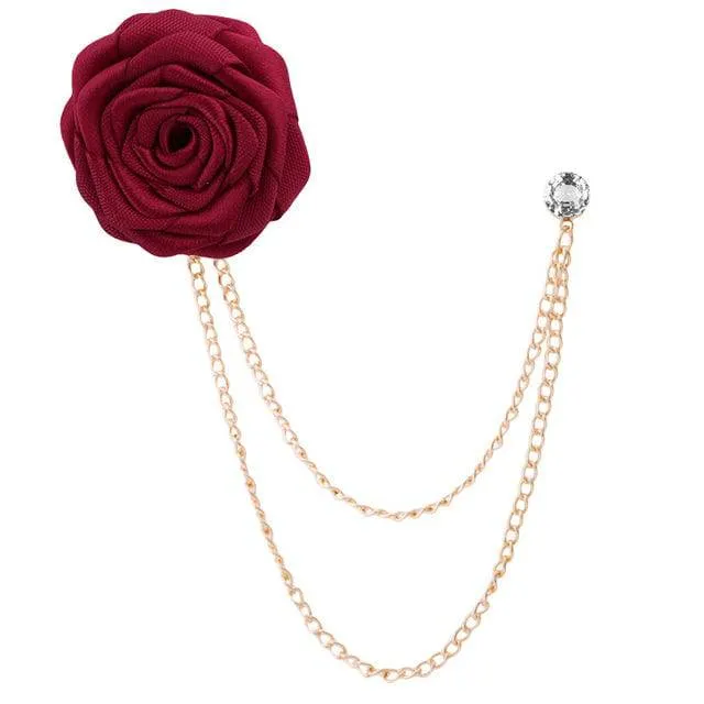 Bridegroom Wedding Brooches Cloth Art Hand-made Rose Flower Brooch Lapel Pin Badge Tassel Chain