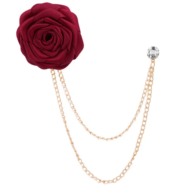 Bridegroom Wedding Brooches Cloth Art Hand-made Rose Flower Brooch Lapel Pin Badge Tassel Chain
