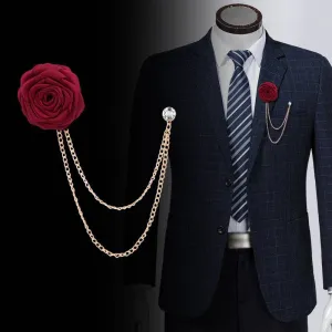 Bridegroom Wedding Brooches Cloth Art Hand-made Rose Flower Brooch Lapel Pin Badge Tassel Chain