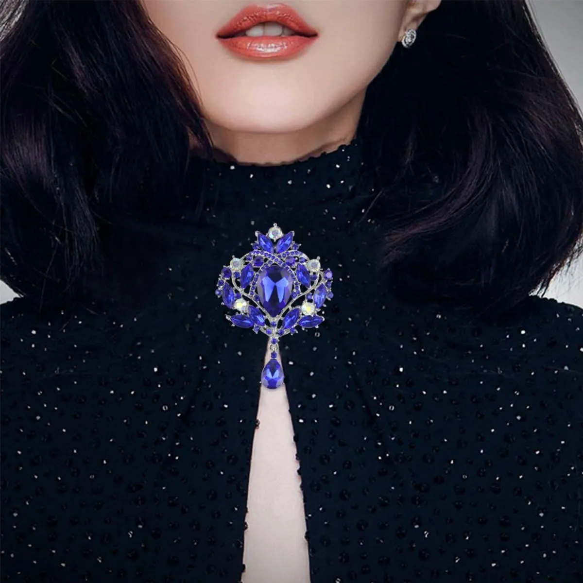 Created Crystal Brooch for Women Shiny Flower Teardrop Brooch Pin