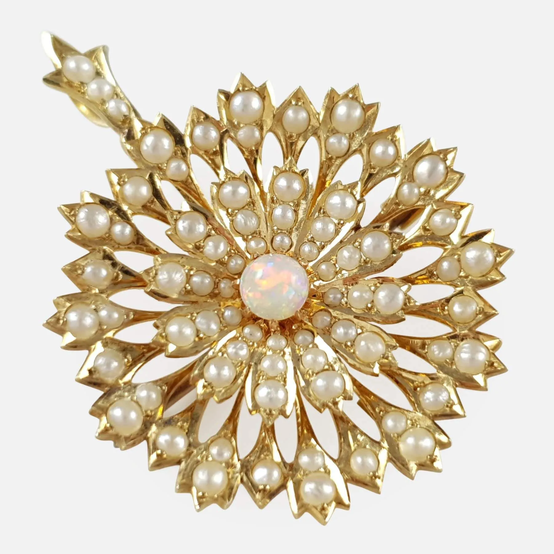 Edwardian 15ct Gold Opal and Seed Pearl Pendant Brooch
