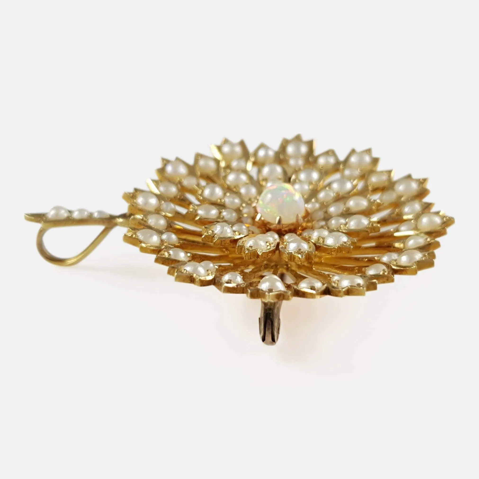 Edwardian 15ct Gold Opal and Seed Pearl Pendant Brooch