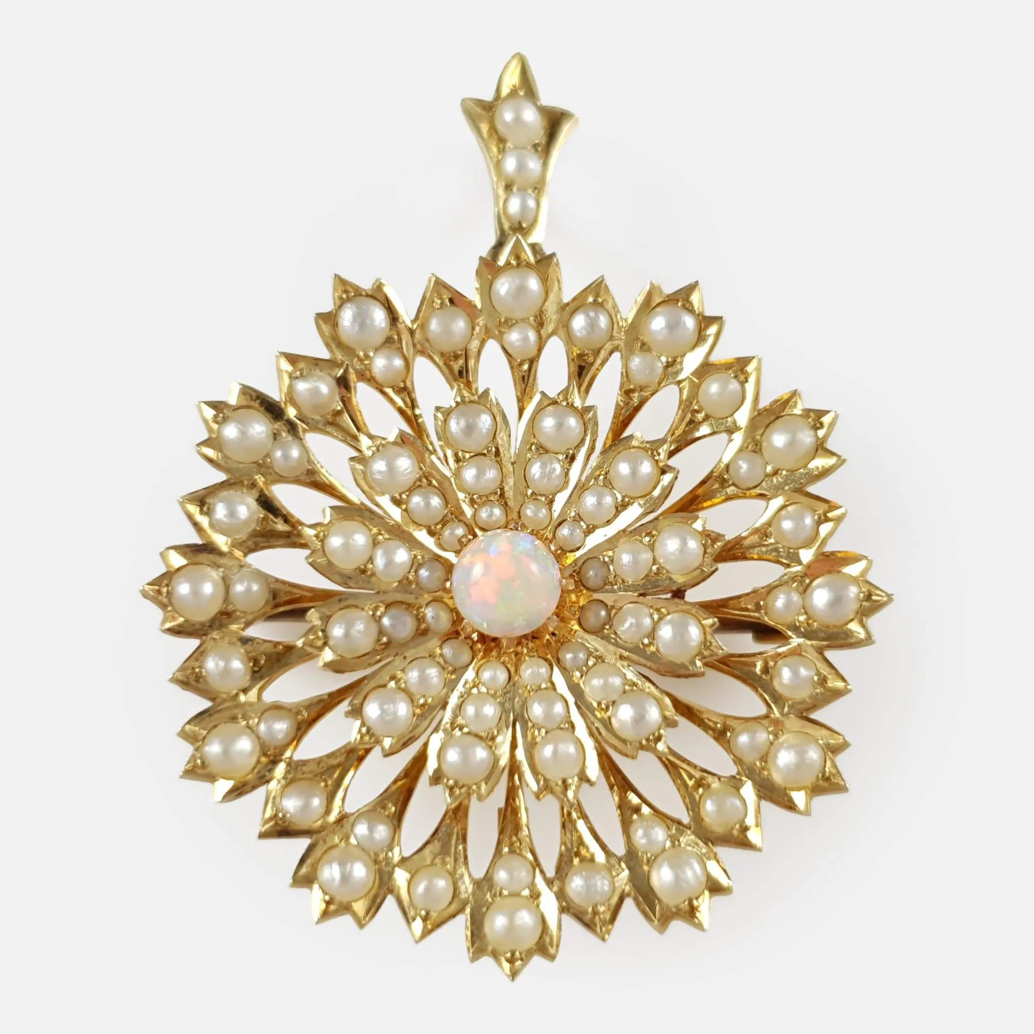 Edwardian 15ct Gold Opal and Seed Pearl Pendant Brooch
