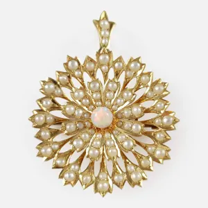 Edwardian 15ct Gold Opal and Seed Pearl Pendant Brooch
