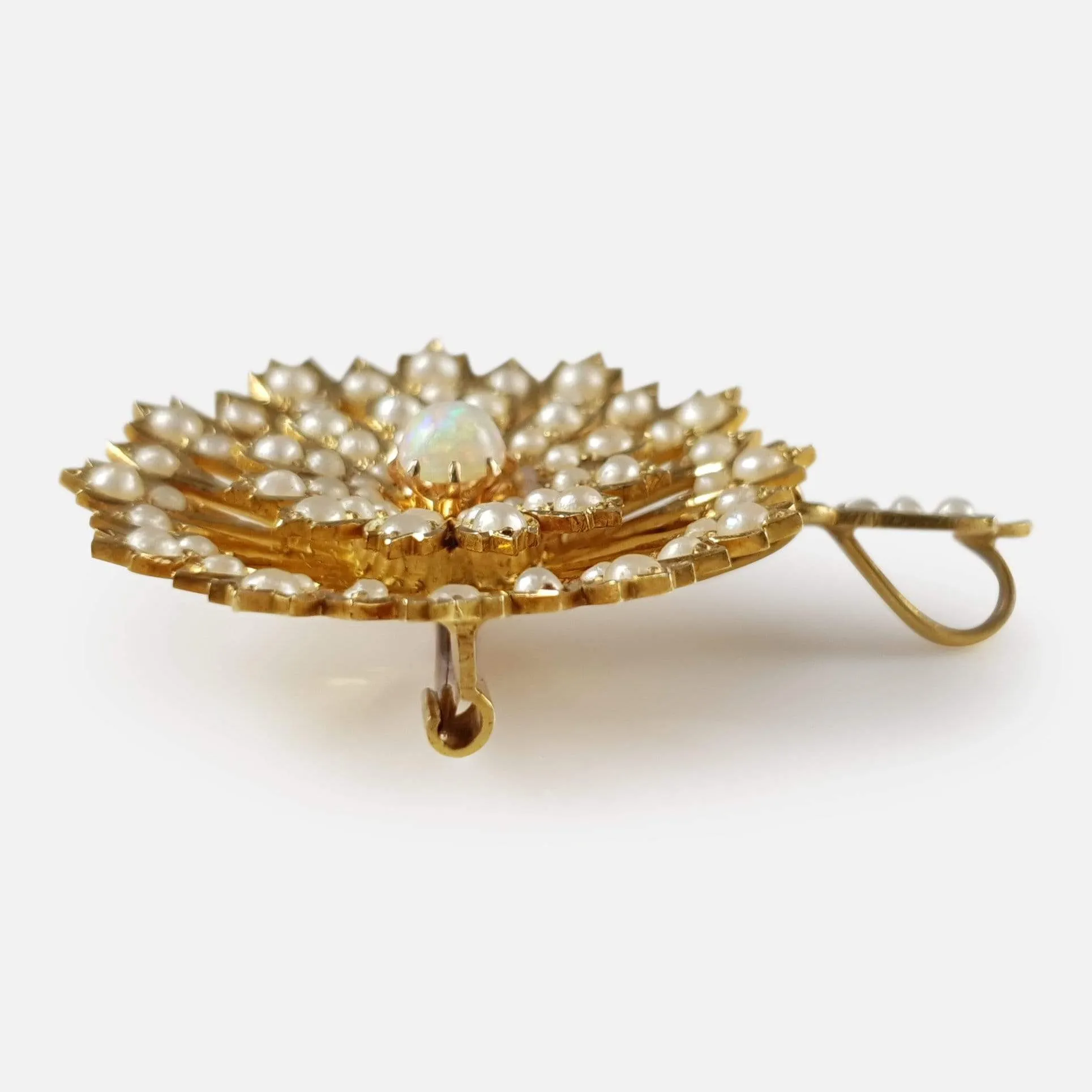 Edwardian 15ct Gold Opal and Seed Pearl Pendant Brooch
