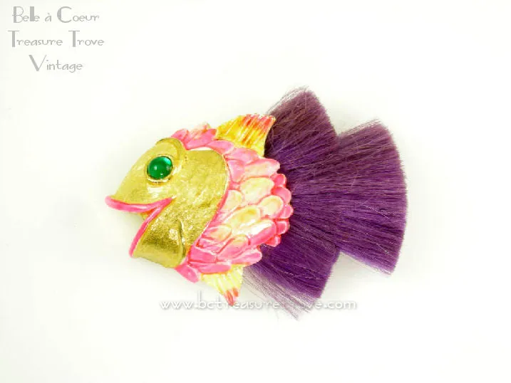Hattie Carnegie Figural Fish Brooch with Purple Fiber Tail Mod 1960s