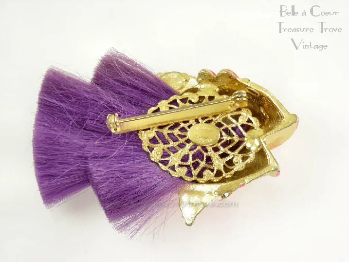 Hattie Carnegie Figural Fish Brooch with Purple Fiber Tail Mod 1960s