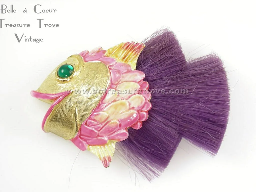 Hattie Carnegie Figural Fish Brooch with Purple Fiber Tail Mod 1960s