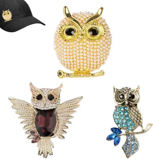 Owl Golden Brooches,Owl Jewelry Pins with Alloy Pearl for Women and Girls, Colorful Rhinestone Cute Brooch Pins for Clothes, Dresses, Hats, Bags (3 Pcs)