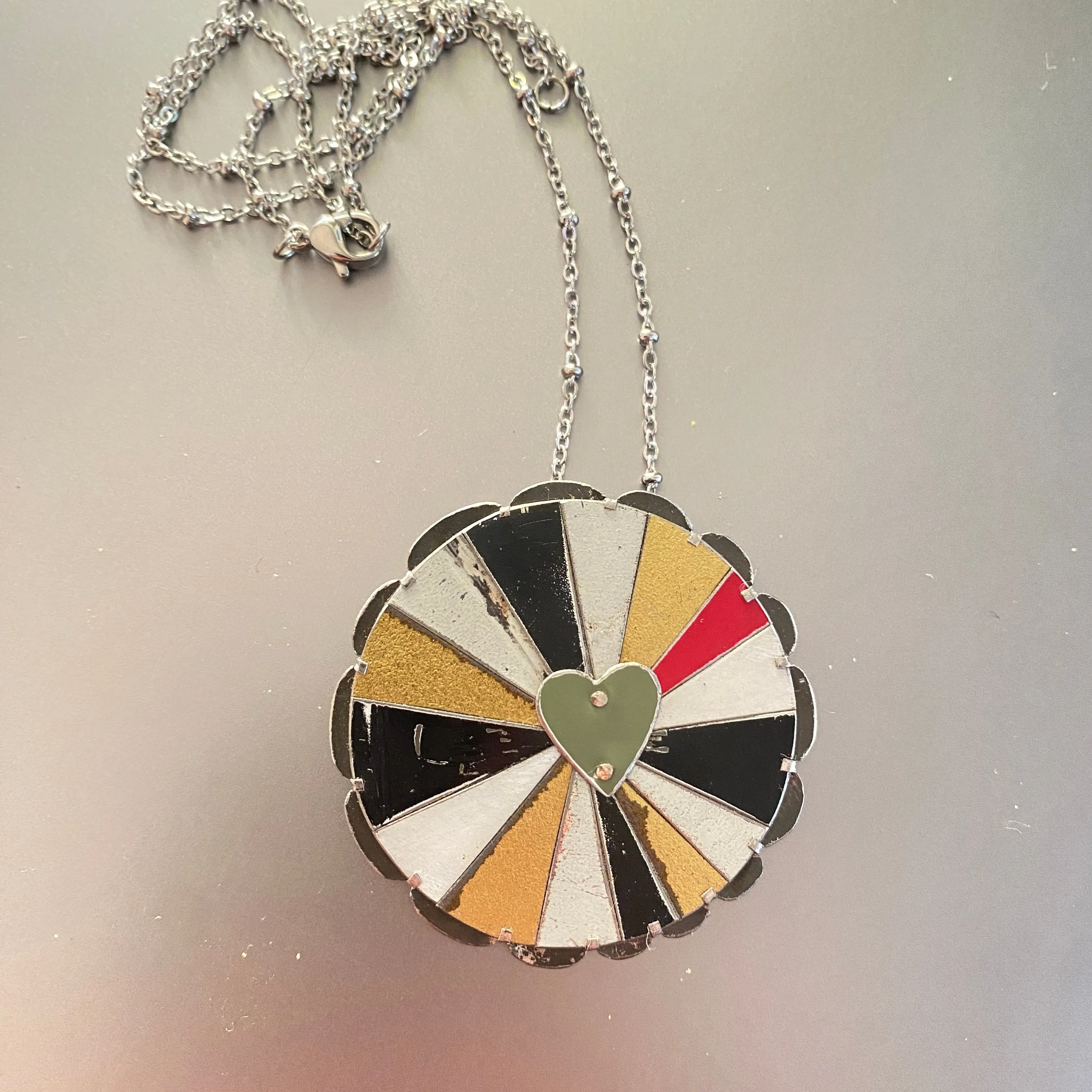 Red Ray Rave Love Mandala Tin Necklace or Brooch