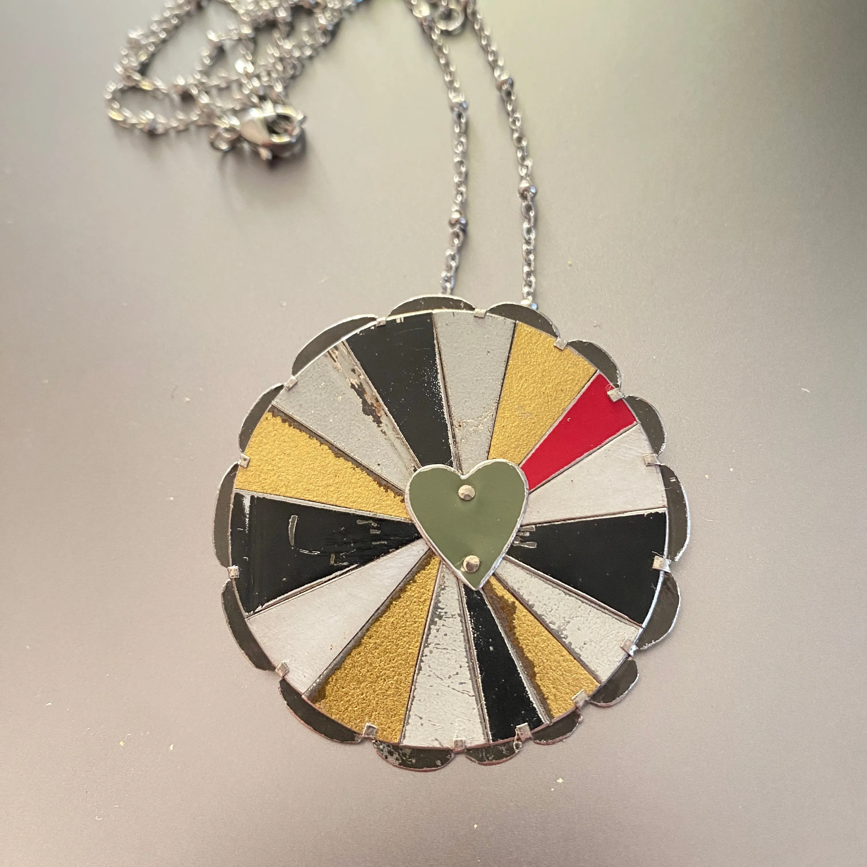 Red Ray Rave Love Mandala Tin Necklace or Brooch