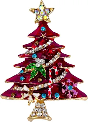 SELOVO Red Crystal Rhinestone Christmas Tree Shape Star Brooch Pin Gold Tone