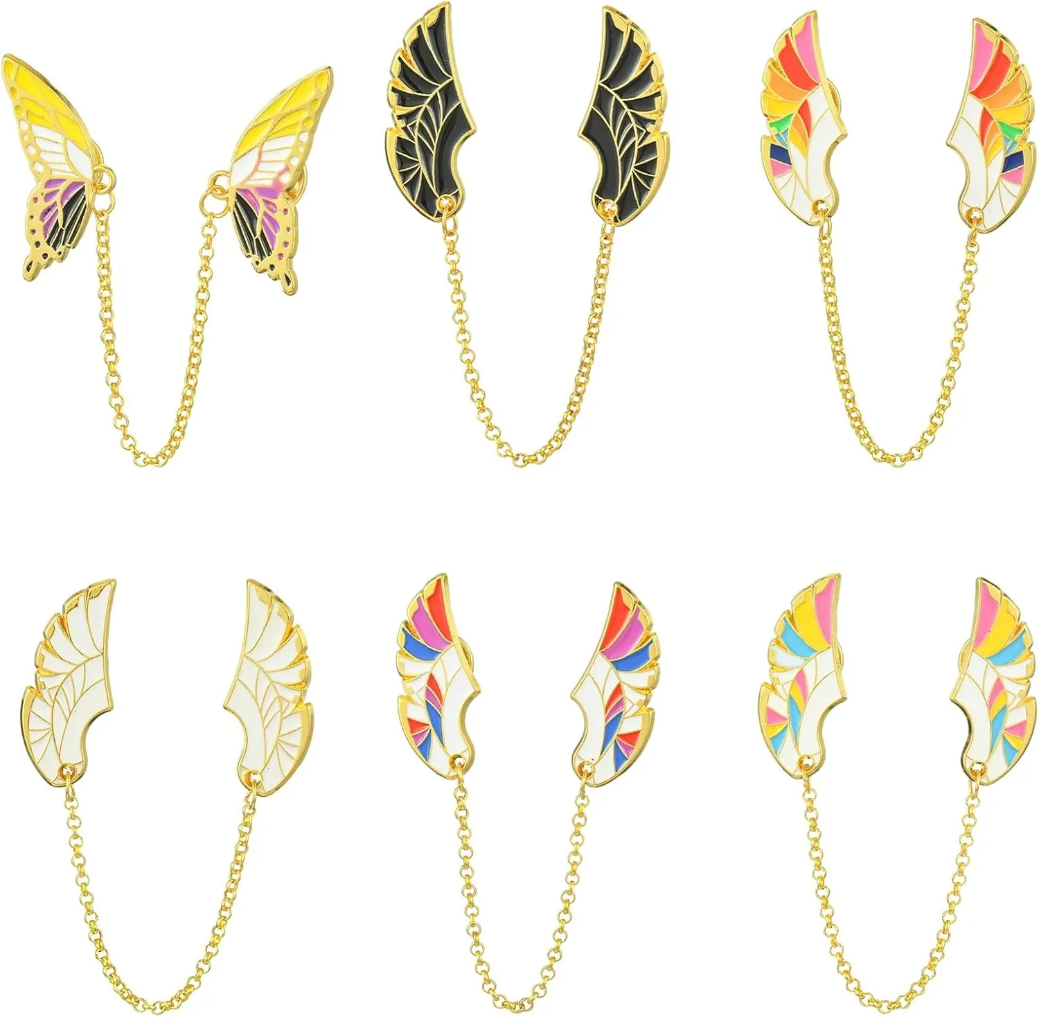 UR URLIFEHALL 6 pcs Angel Wings Brooches Lapel Pin Chain Gold Wing Enamel Pin Badges Set for Clothes Collar Hat Jacket Shawl Backpack Decor