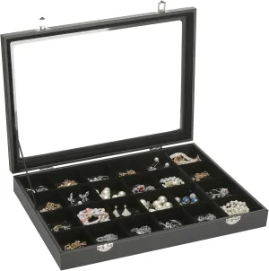 Velvet Jewelry Earring Organizer Tray Box, 24 Grids Ring Bracelet Necklace Brooches Pendants Bead storage Holder Case With Clear Lid for Women Gril for Home Shop Display (Black)