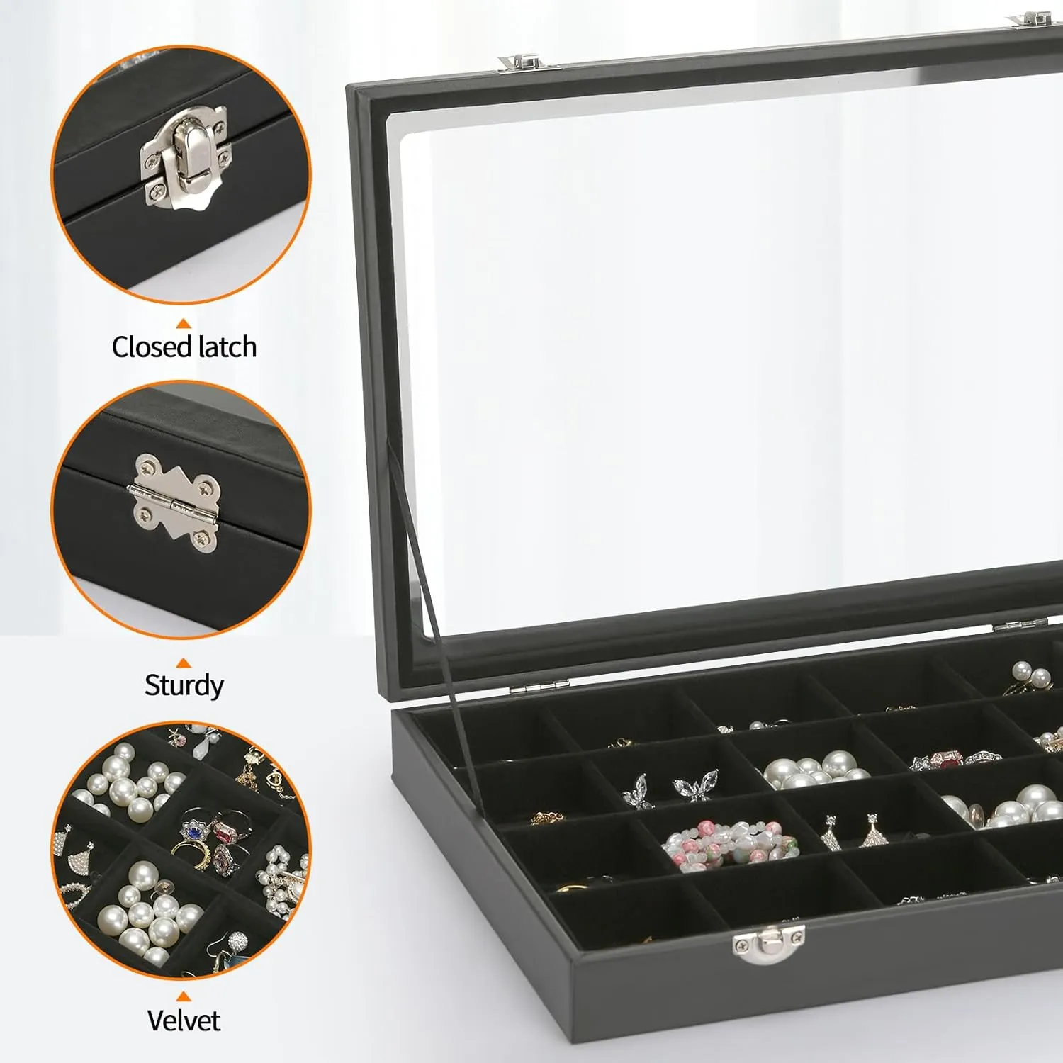 Velvet Jewelry Earring Organizer Tray Box, 24 Grids Ring Bracelet Necklace Brooches Pendants Bead storage Holder Case With Clear Lid for Women Gril for Home Shop Display (Black)