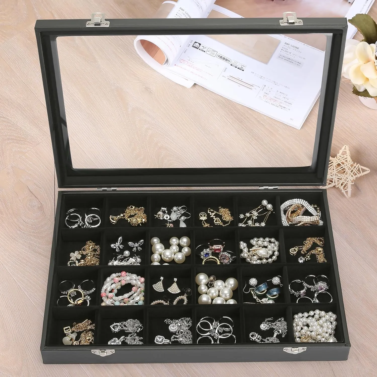 Velvet Jewelry Earring Organizer Tray Box, 24 Grids Ring Bracelet Necklace Brooches Pendants Bead storage Holder Case With Clear Lid for Women Gril for Home Shop Display (Black)